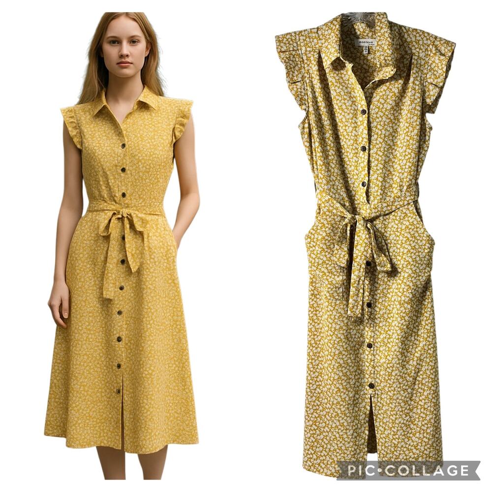 Monteau Yellow Floral Button-Front Midi Dress